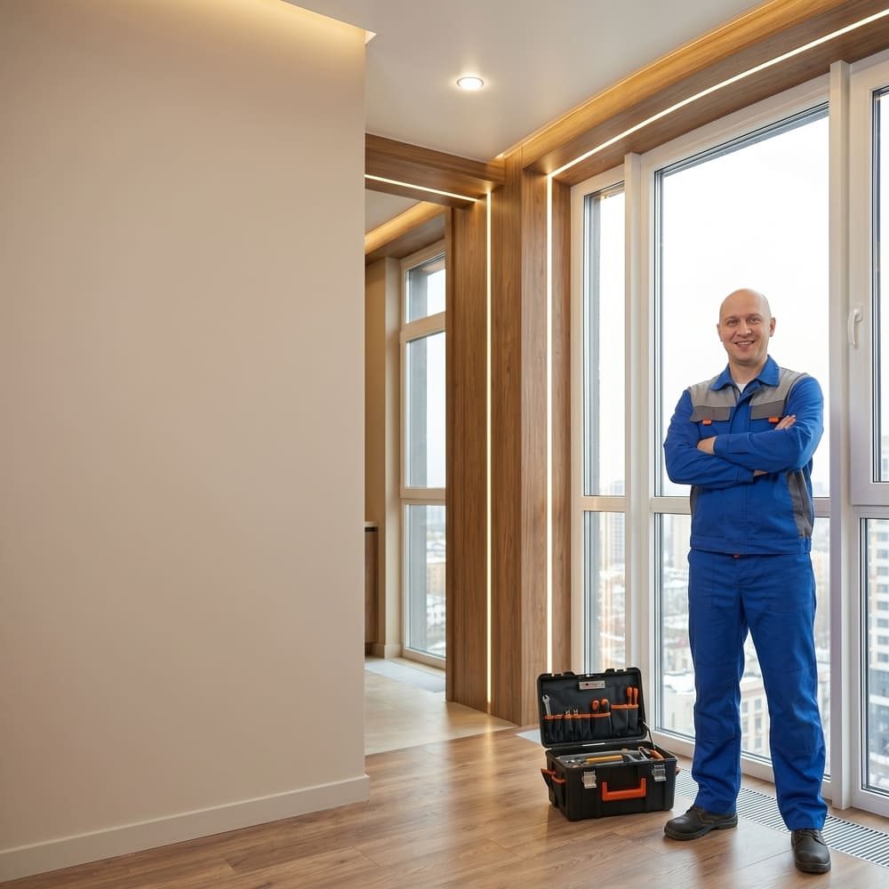 Мастер с профессиональным инструментом выполняет ремонт окна