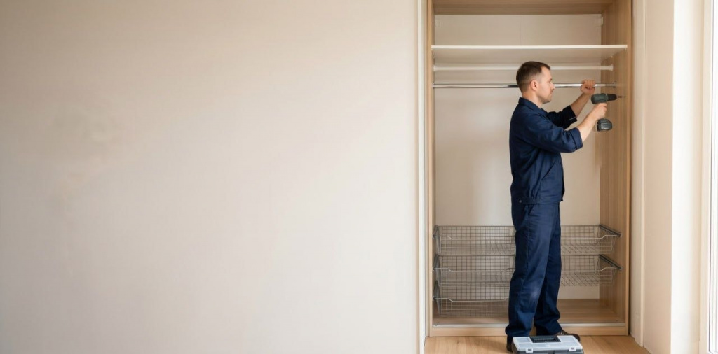 Сборка гардеробных систем в Екатеринбурге — мастер за работой