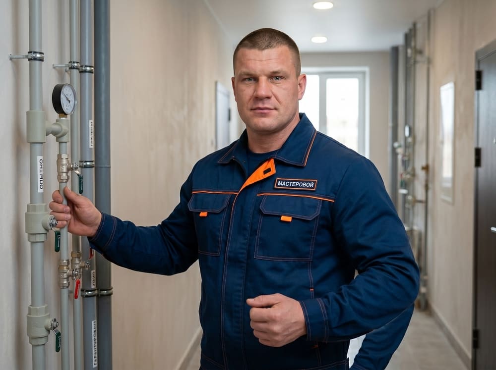 Инженер-сантехник Мастеровой 66 проверяет новые полипропиленовые трубы