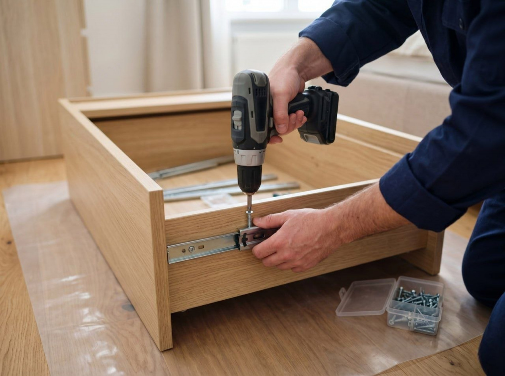 Мастер устанавливает ящик в комод