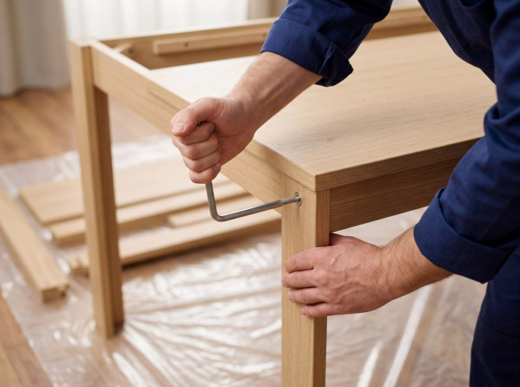 Мастер регулирует ножки обеденного стола