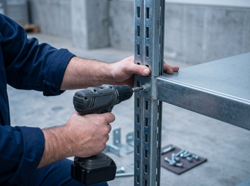 Мастер собирает металлический архивный стеллаж