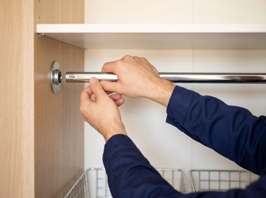 Мастер устанавливает штангу в гардеробной