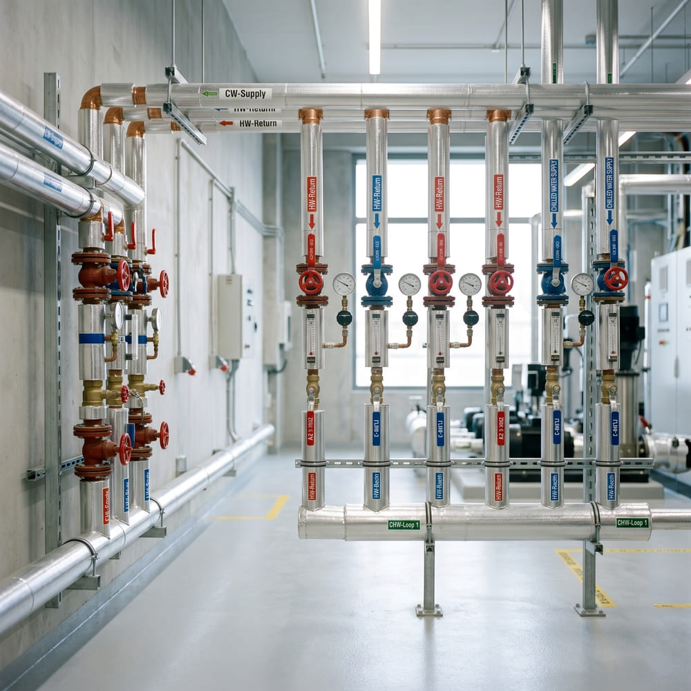 Техническое помещение с трубами водоснабжения бизнес-центра