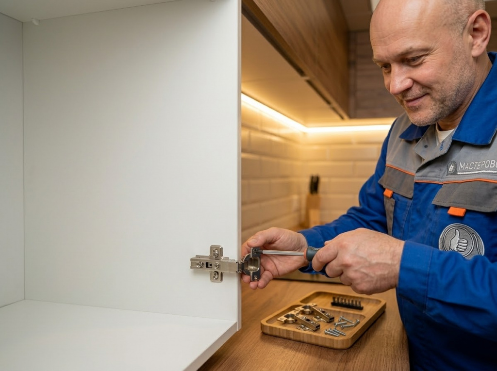 Мастер ремонтирует шкаф-купе и меняет направляющие