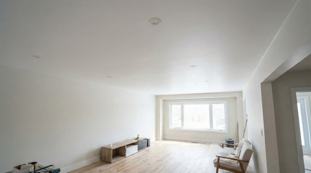 Идеально ровный матовый белый потолок в гостиной