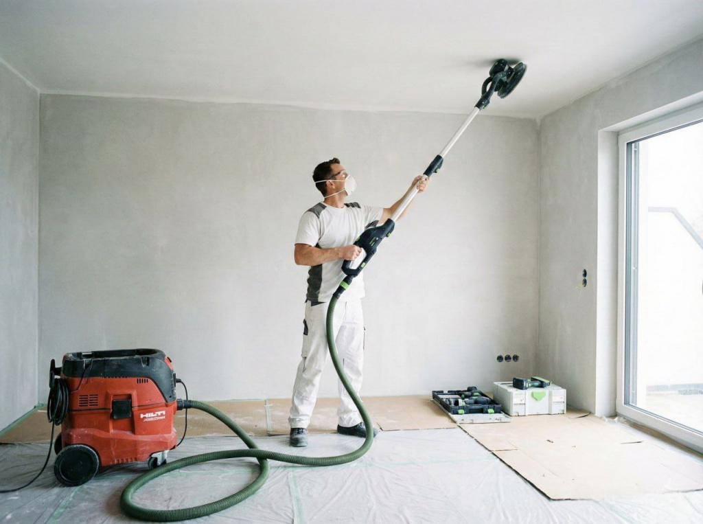 Мастер шлифует потолок жирафом с пылесосом