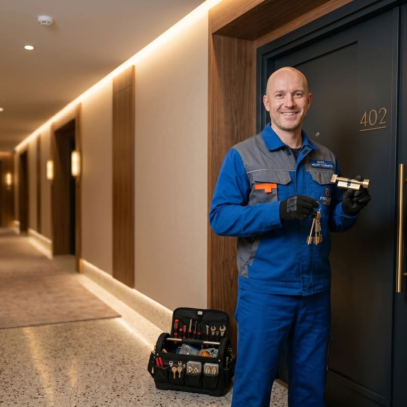 Мастер устанавливает новый замок на металлическую дверь