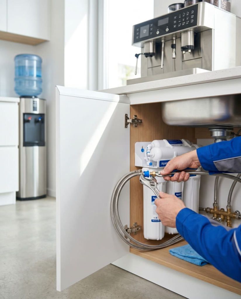 Ремонт и подключение сантехники на офисной кухне