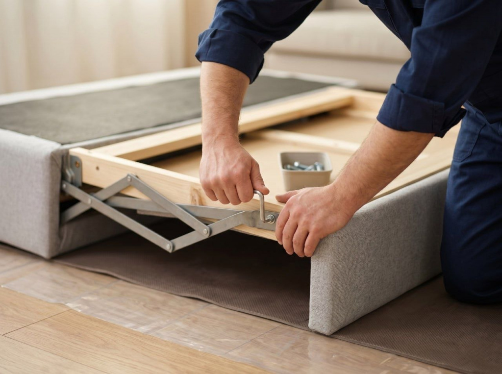 Мастер устанавливает механизм трансформации дивана