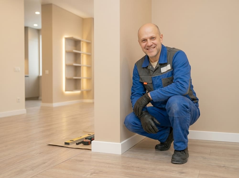 Мастер устанавливает напольный плинтус