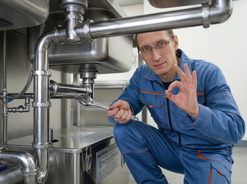 Сантехник обслуживает промышленную мойку в ресторане