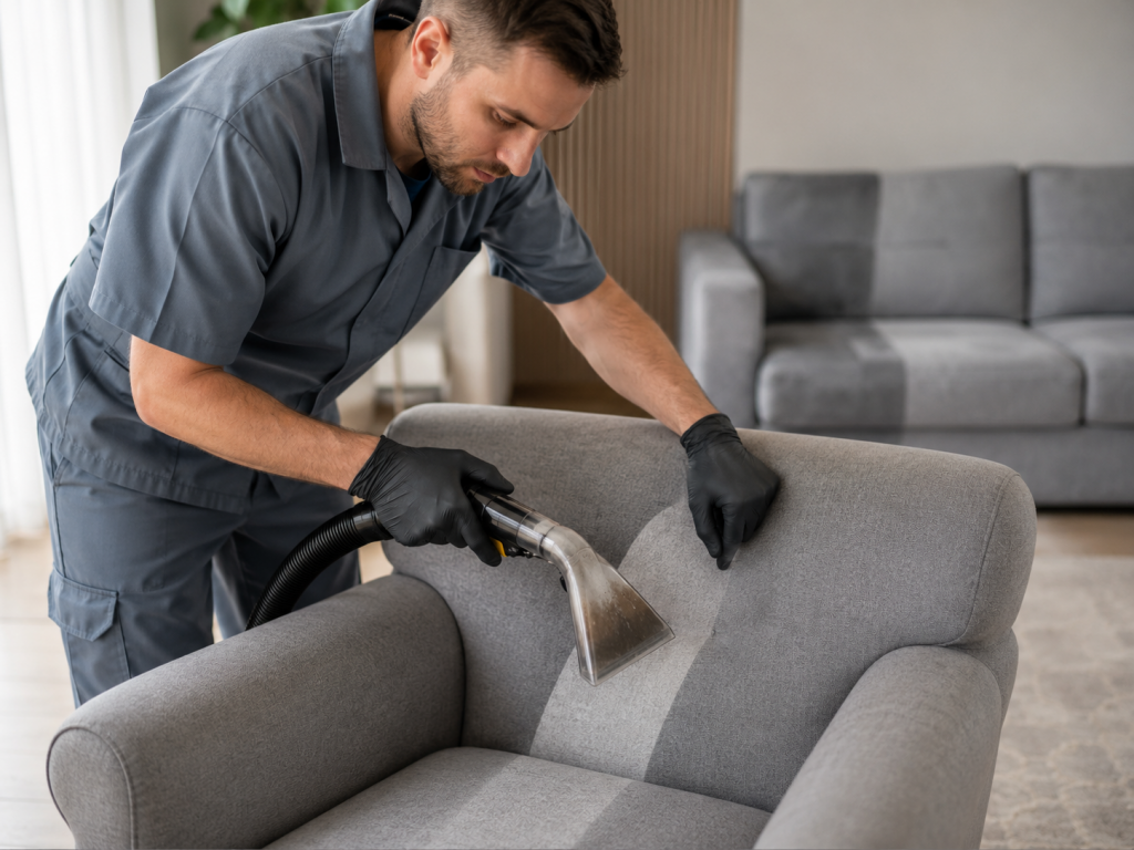 Мастер чистит мягкую мебель экстрактором Karcher