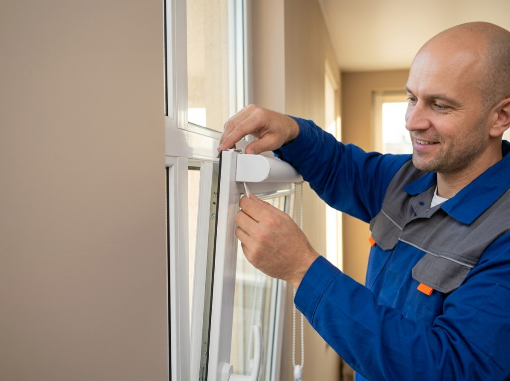 Мастер устанавливает рулонную штору на пластиковое окно