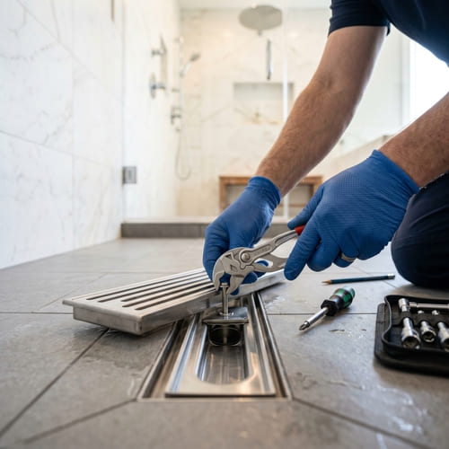 Прочистка и ремонт сливного трапа в душевой фитнес-клуба