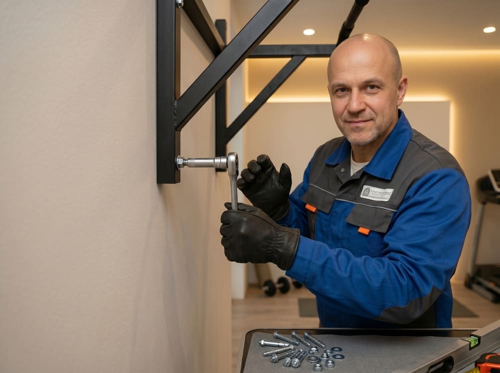 Мастер устанавливает настенный турник