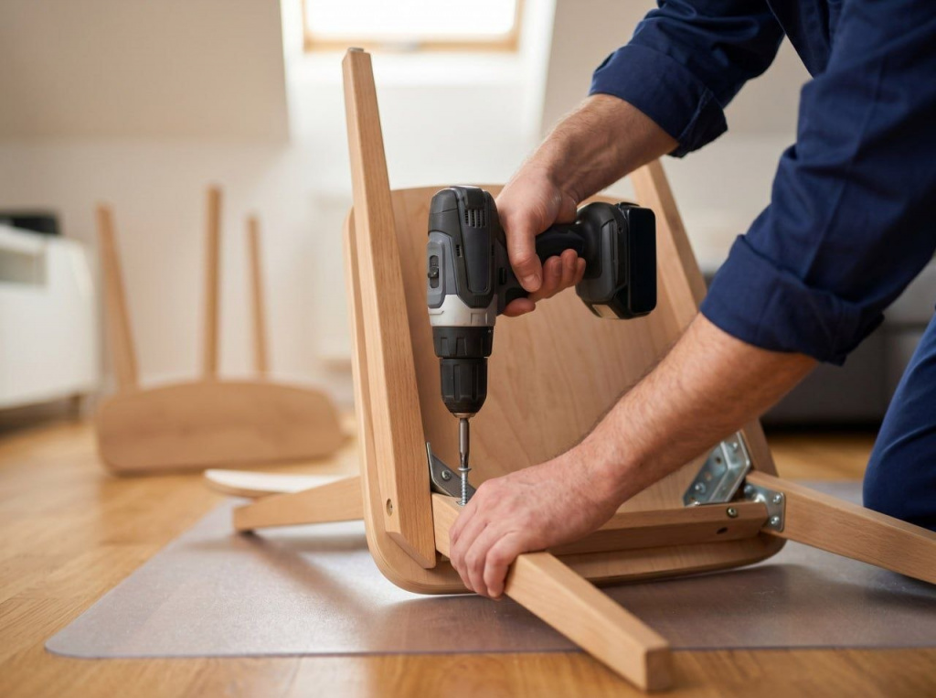 Мастер собирает обеденный стул